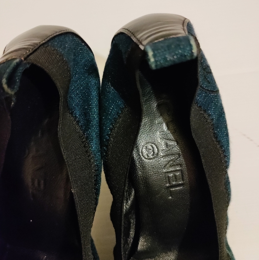 CHANEL Ballet w Heels- Blue Jeans Leather 37.5 - 7US - Picture 8 of 11